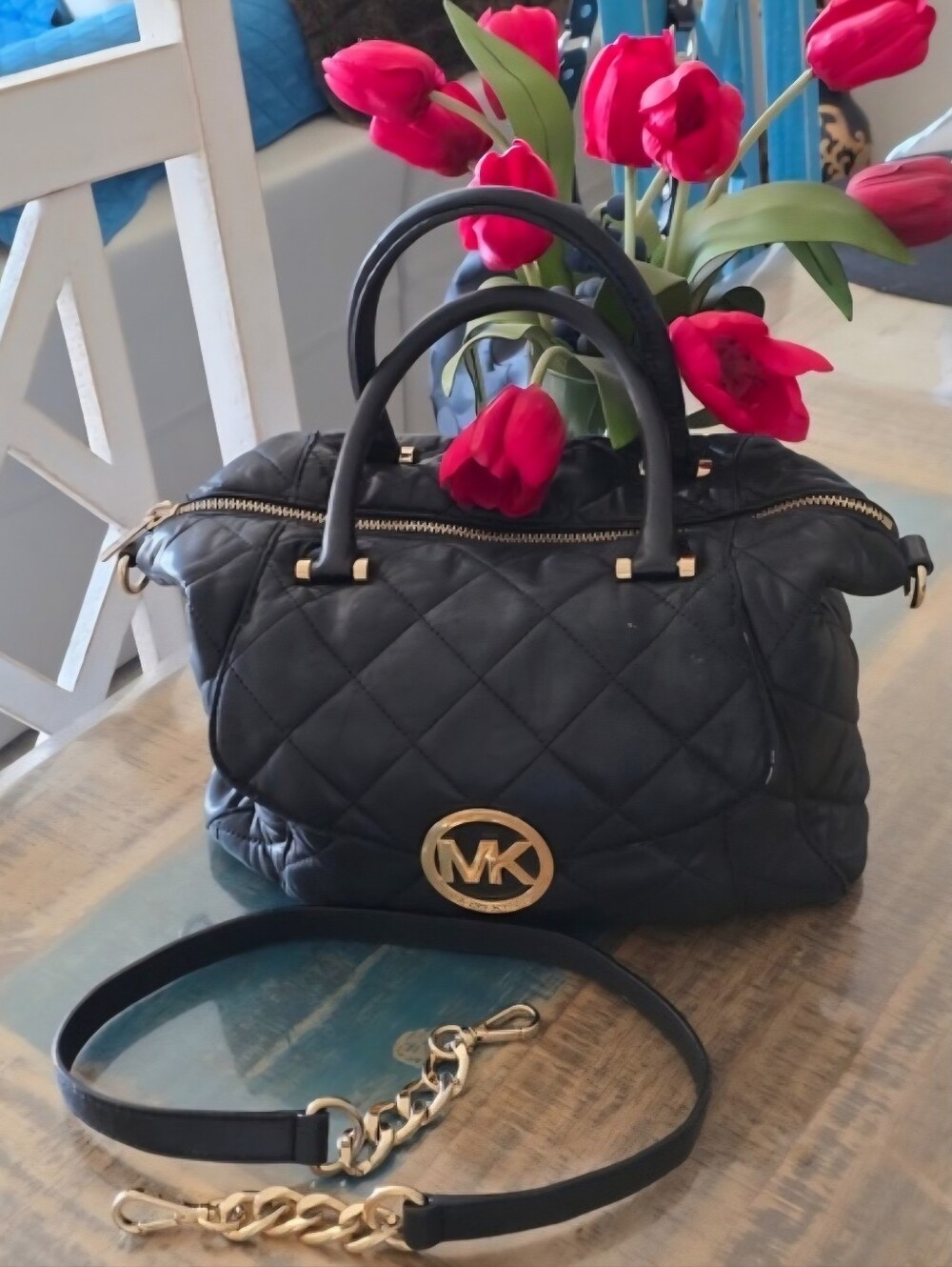 Michael Kors Black Quilted Satchel Handbag with Gold Logo Chain Strap